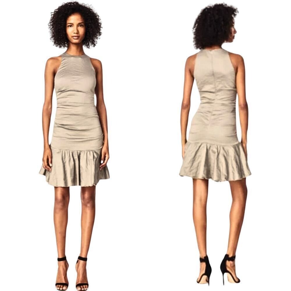 Nicole Miller Collection NWT A-Line Ruffle Hem Stretch Sheath Dress Taupe Size 8